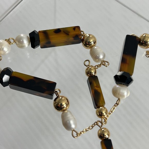 Ann Taylor Necklace Beaded Gold Tone Faux Tigers Eye Faux Pearl 33" - Picture 6 of 7